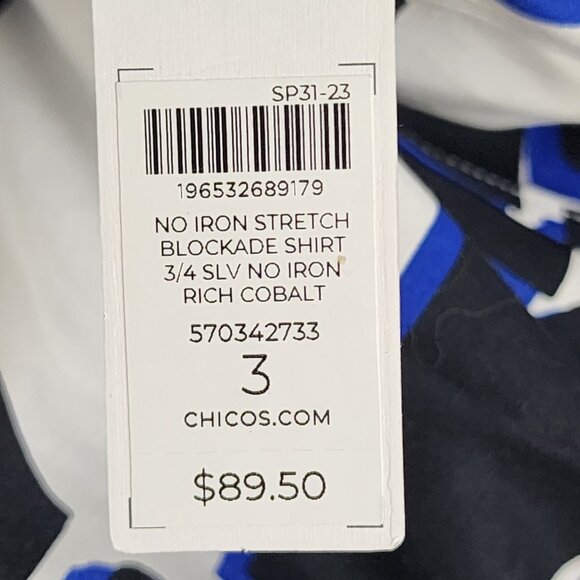 Chicos Shirt Womens 16 Multi Geometric 3/4 Sleeve Blockade Button Up NWT - Picture 8 of 10